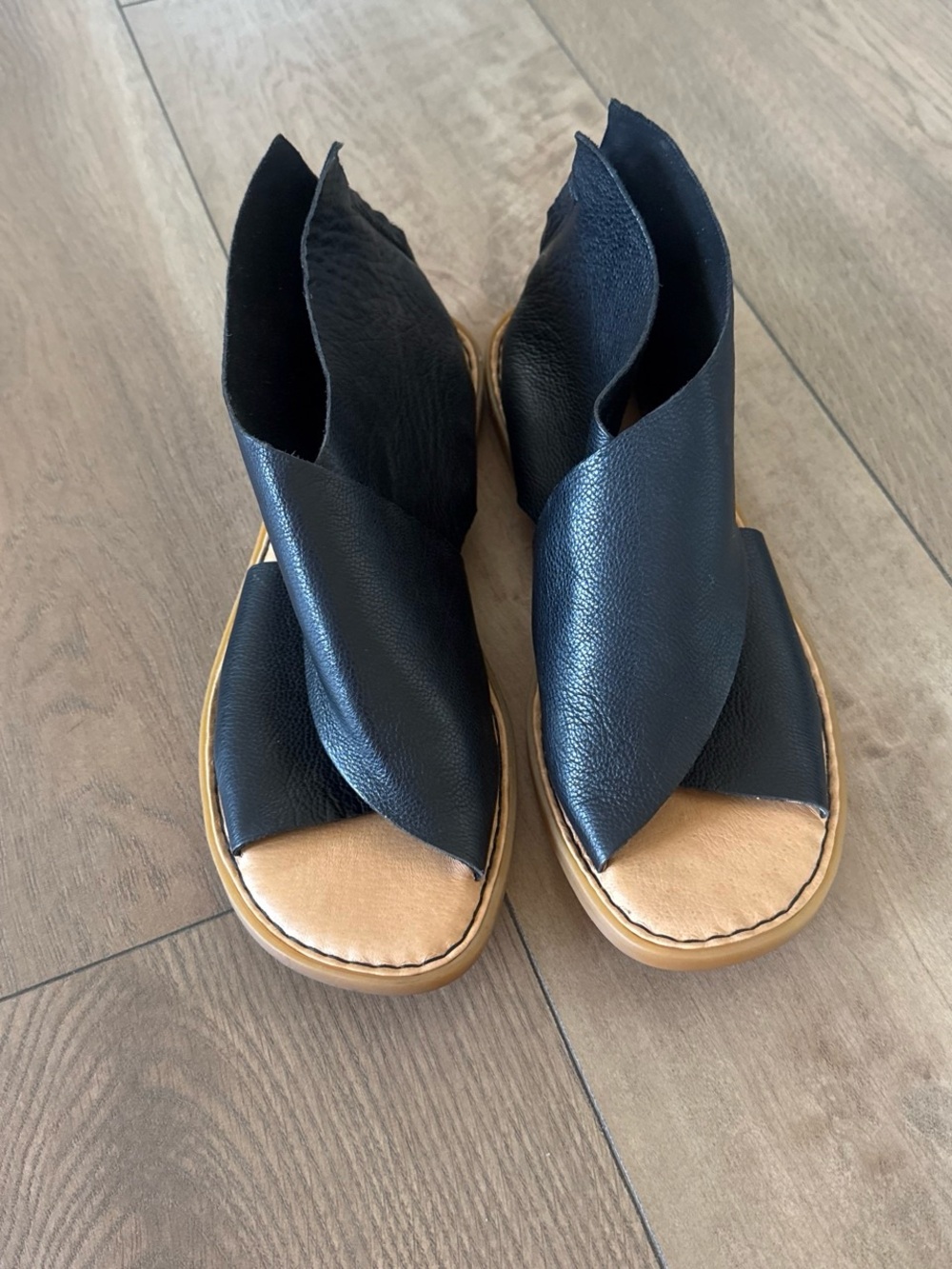 Born Black Leather Crossover Sandals with Tan Footbed